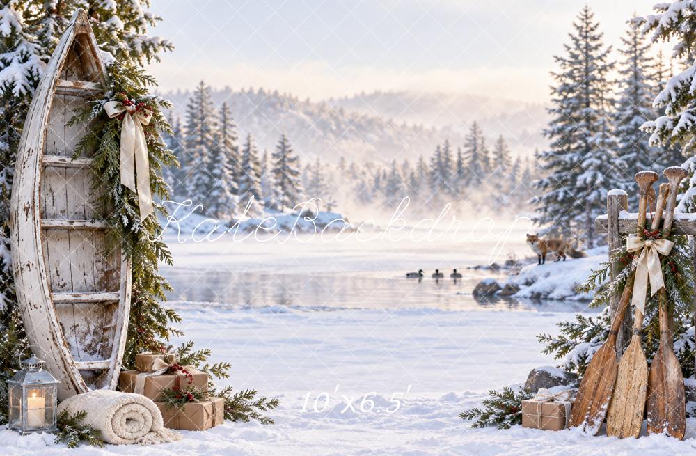 Kate Christmas Winter Snowy Lake Canoe Gifts Printed Backdrop Designed by Vertigo Productions