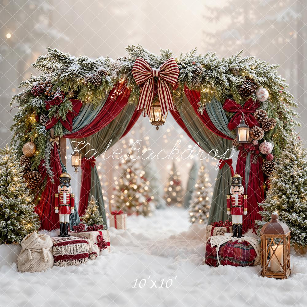 Kate Christmas Arch Bow Drapes Nutcracker Lanterns Trees Snow Printed Backdrop Designed by Emetselch
