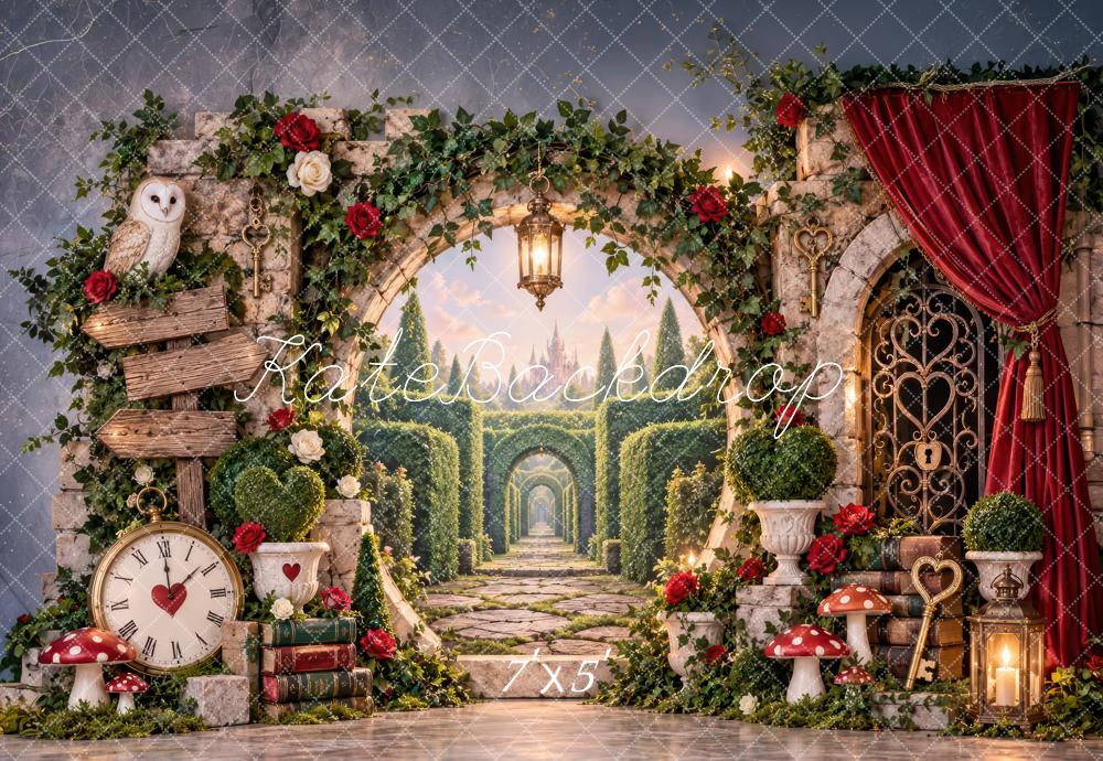 Kate Fantasy Garden Magical Labyrinth Stone Arch Red Curtain Printed Backdrop Designed by Laura Bybee