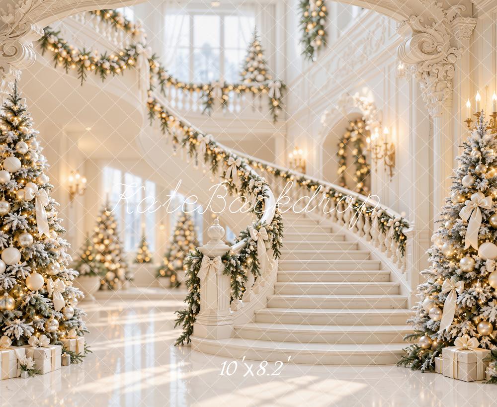 Kate Christmas Trees White Grand Staircase Garland Luxury Printed Backdrop Designed by Emetselch