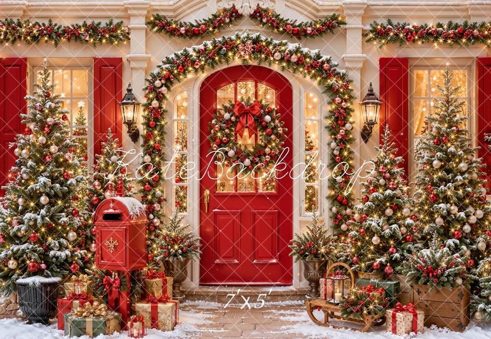 Kate Christmas Red Door Mailbox Garland Trees Victorian House Printed Backdrop Designed by Emetselch