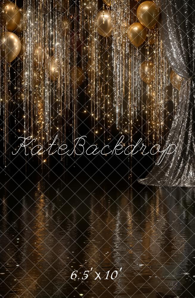 Kate New Year Gold Balloons Glittering Streamers Sequin Curtains Black Printed Backdrop Designed by Emetselch
