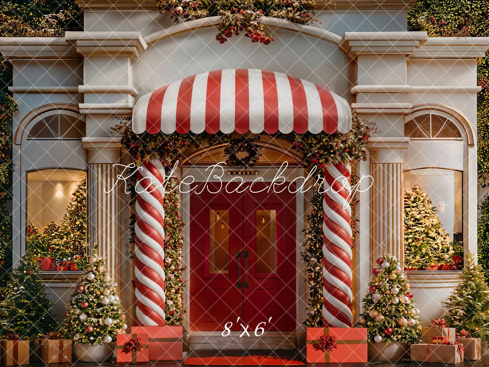 Kate Christmas Candy Cane Columns Red Door Trees Backdrop Designed by Emetselch