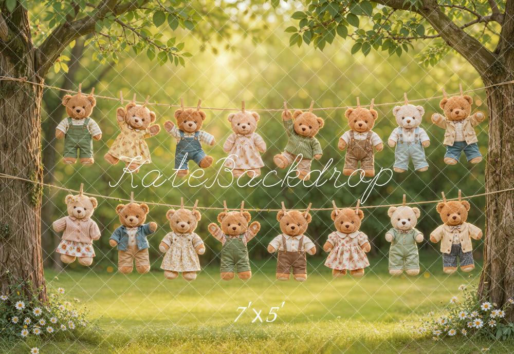 Kate Laundry Day Teddy Bears Clothesline Outdoor Trees Printed Backdrop Designed by Emetselch