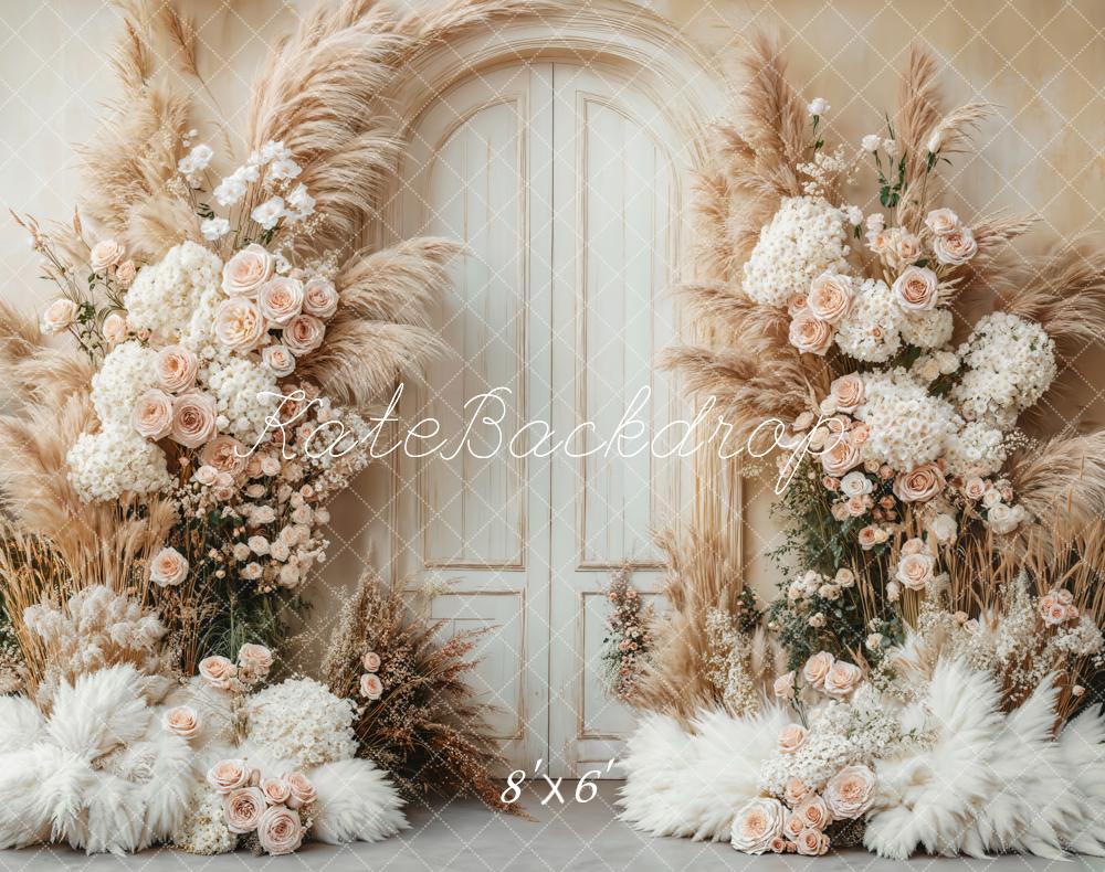 Backdrop per matrimonio Boho floreale con pampas progettato da Emetselch