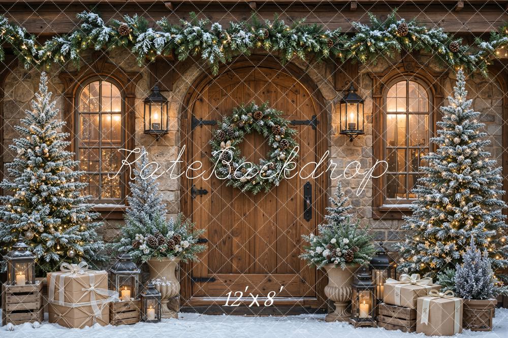 Kate Christmas Trees Rustic Cabin Wood Door Garland Snowy Printed Backdrop Designed by Emetselch