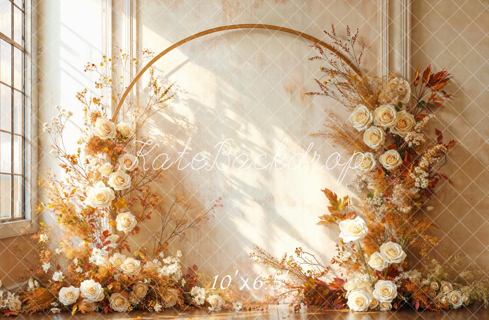 Kate Fall Flower Arch Beige Roses Dried Leaves Backdrop Designed by Emetselch