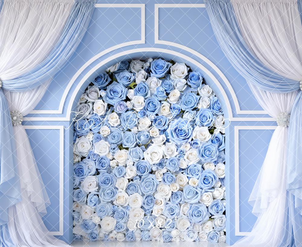 Kate Blue Flower Arch White Rose Curtain Printed Backdrop Designed by Mini MakeBelieve