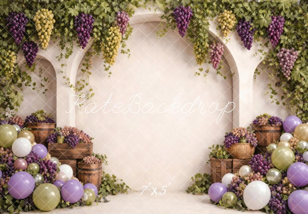 Kate Birthday Grape Vineyard Arch Balloons Crates Balloons Printed Backdrop Designed by Vertigo Productions