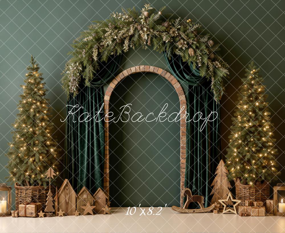 Kate Christmas Trees Green Curtains Arch Gifts Wood Printed Backdrop Designed by Emetselch