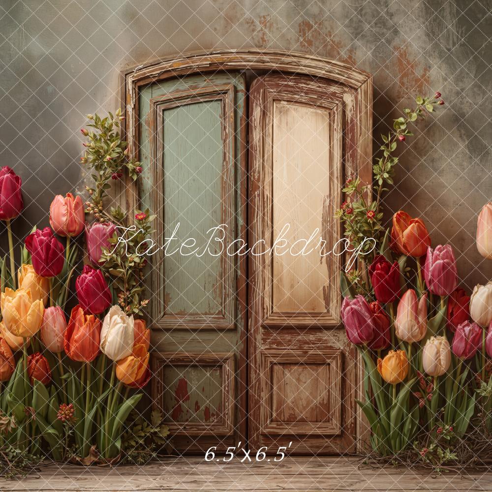 Kate Spring Fine Art Vintage Door Tulips Printed Backdrop Designed by Emetselch