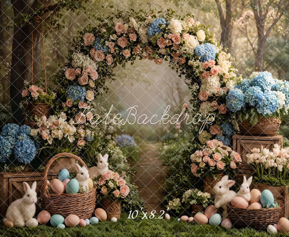 Kate Easter Bunny Flower Arch Pastel Eggs Forest Printed Backdrop Designed by Emetselch