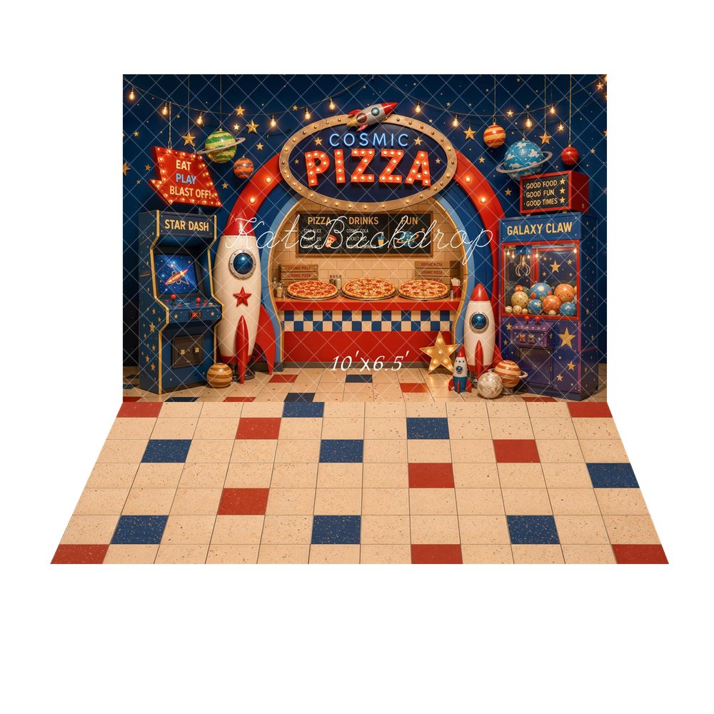 Kate Space Pizza Shop Arcade Rockets Claw Machine Planets Printed Backdrop+Checkerboard Beige Red Blue Tiles Floor Printed Backdrop