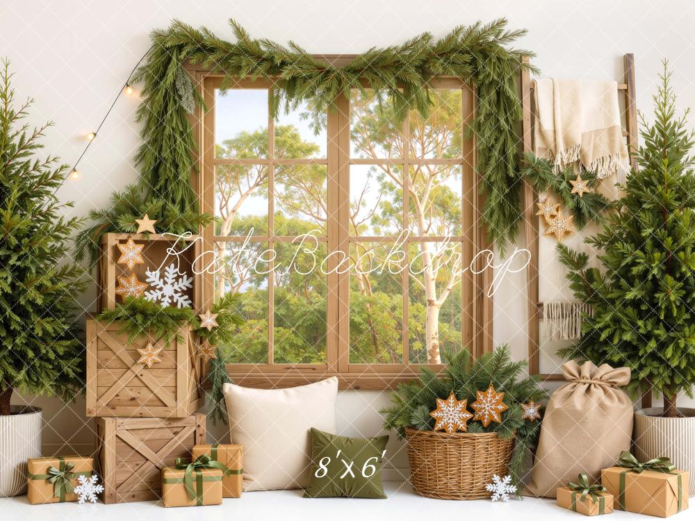 Kate Christmas Australian Rustic Window Evergreen Garland Gifts Printed Backdrop Designed by Mini MakeBelieve