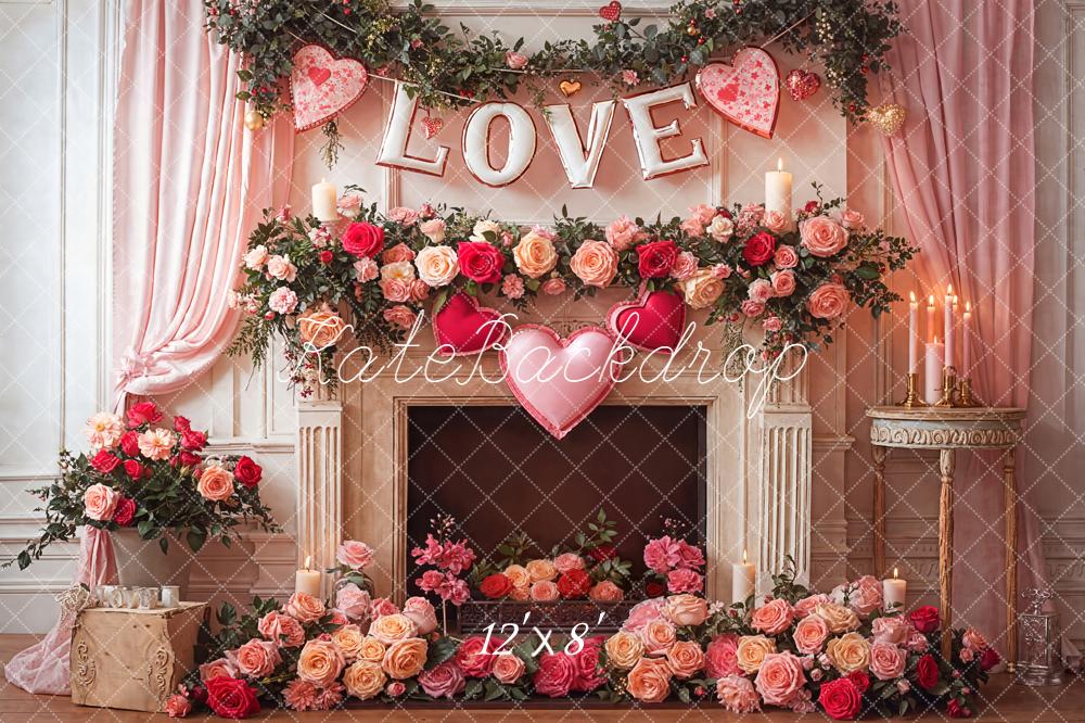 Kate Valentine's Day Pink Roses Hearts Fireplace Curtains Backdrop Designed by Emetselch