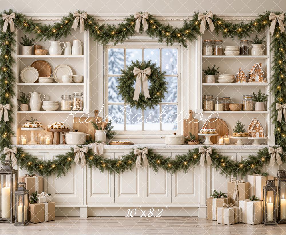 Kate Christmas Kitchen Garland Wreath Gingerbread Baking White Printed Backdrop Designed by Emetselch
