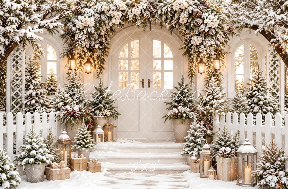 Kate Christmas Snowy Porch Pine Garland Lanterns White Fence Printed Backdrop Designed by Emetselch