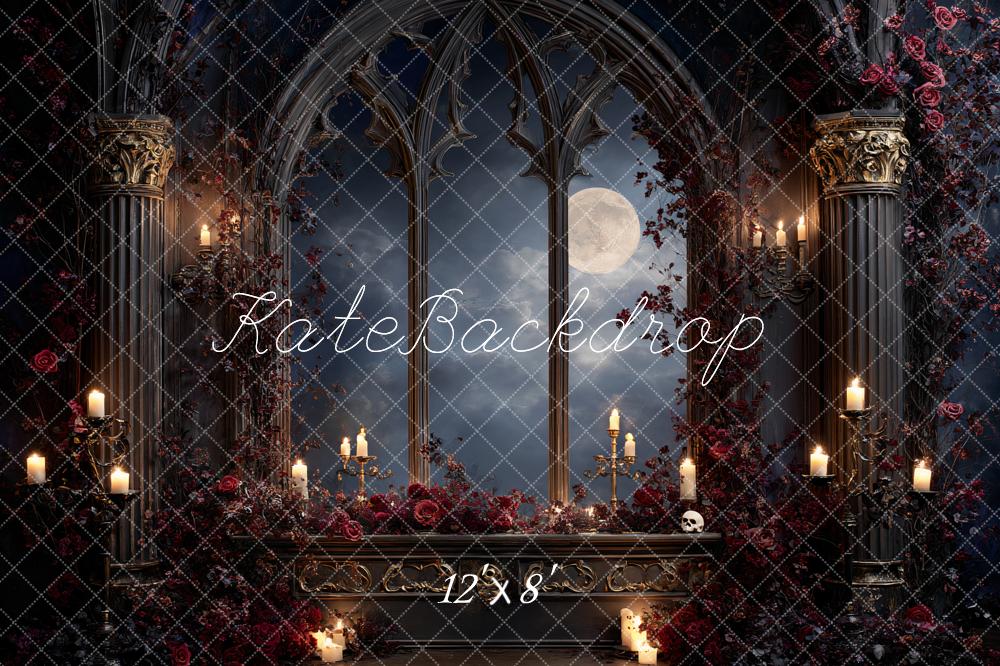 Kate Halloween Gothic Window Castle Moonlight Candles Roses Backdrop Designed by Ashley Paul
