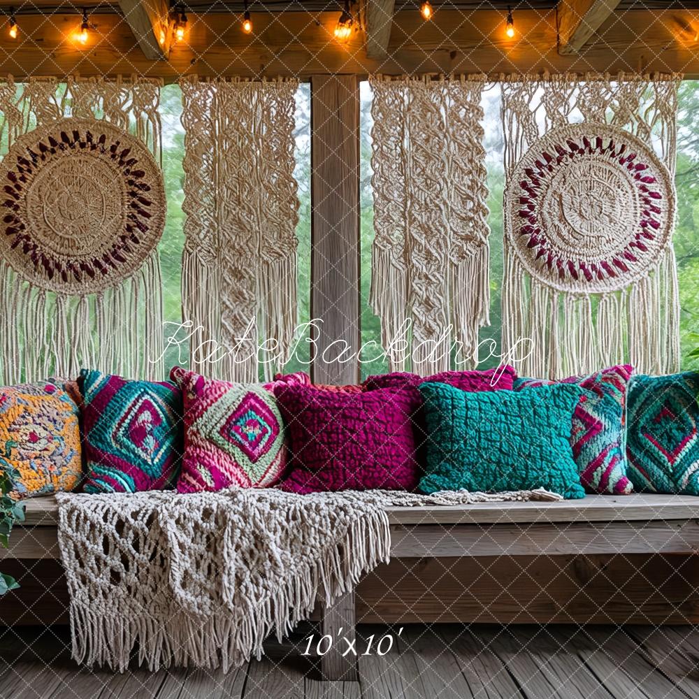 Kate Boho Macrame Patio Bench Pillows Backdrop Designed by Mini MakeBelieve