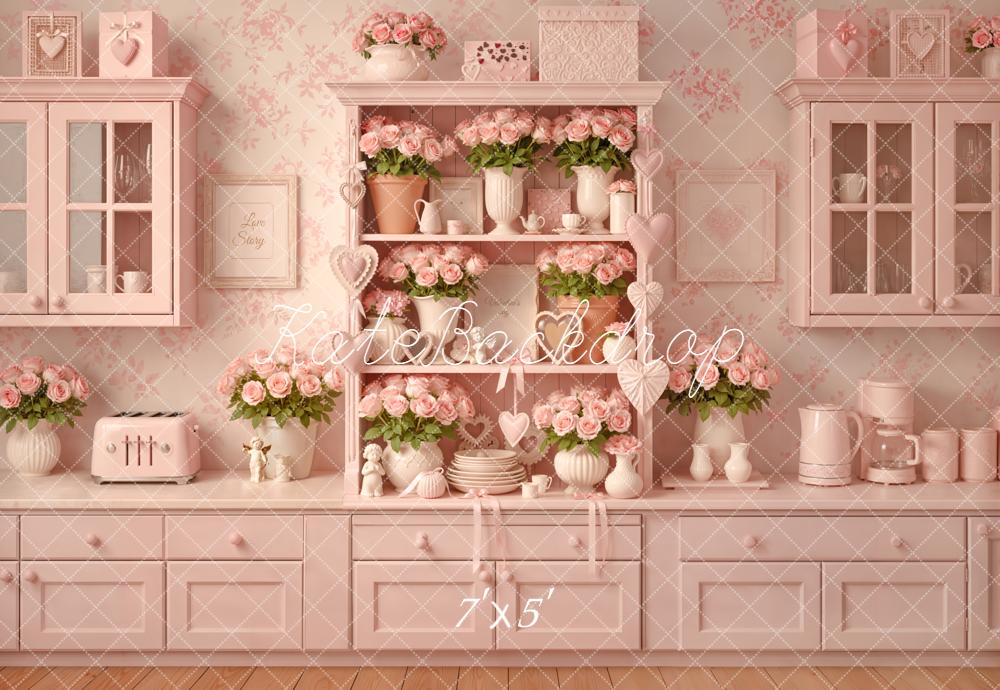 Kate Valentines Pink Kitchen Cabinet Roses Vases Heart Printed Backdrop Designed by Emetselch
