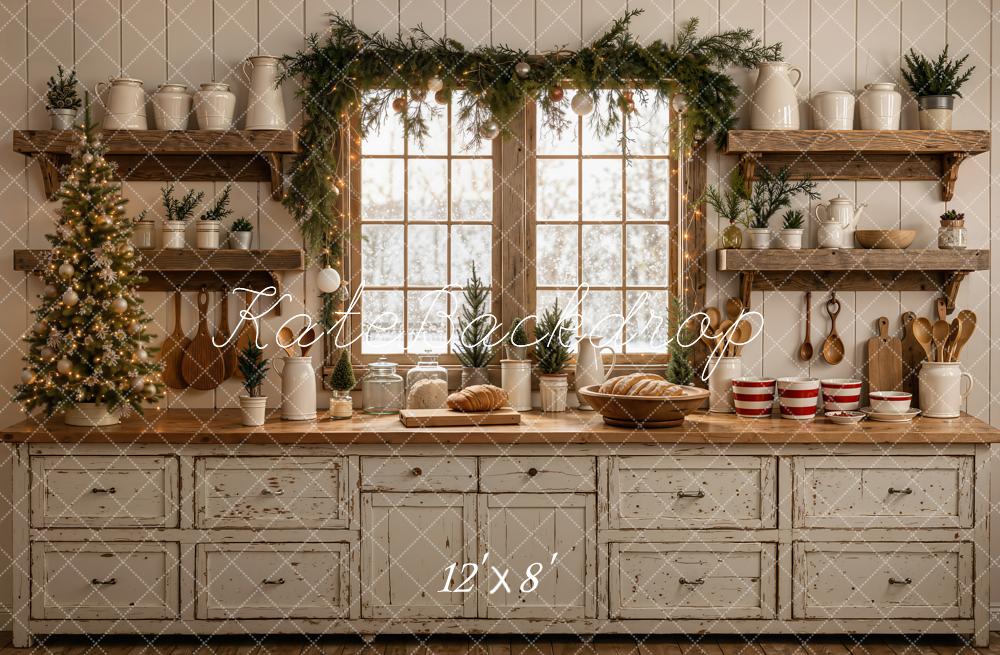 Kate Christmas Kitchen Window Garland Rustic Wooden Shelves Bread Printed Backdrop Designed by Emetselch