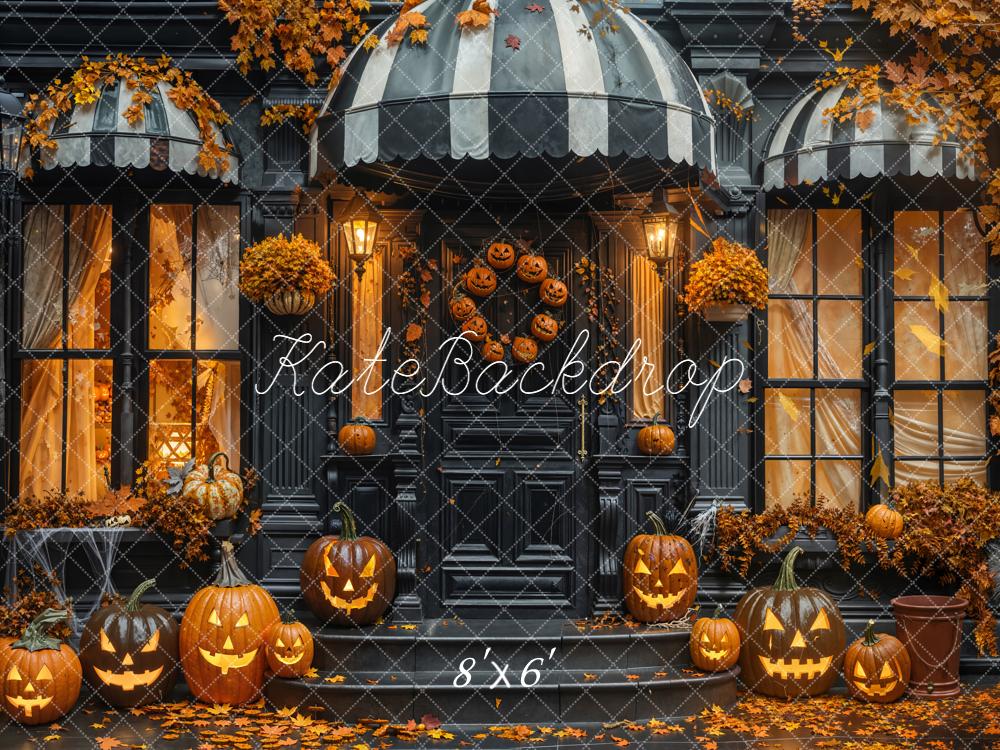 Kate Halloween Pumpkin Doorway Fallen Leaves Black Backdrop Designed by Emetselch