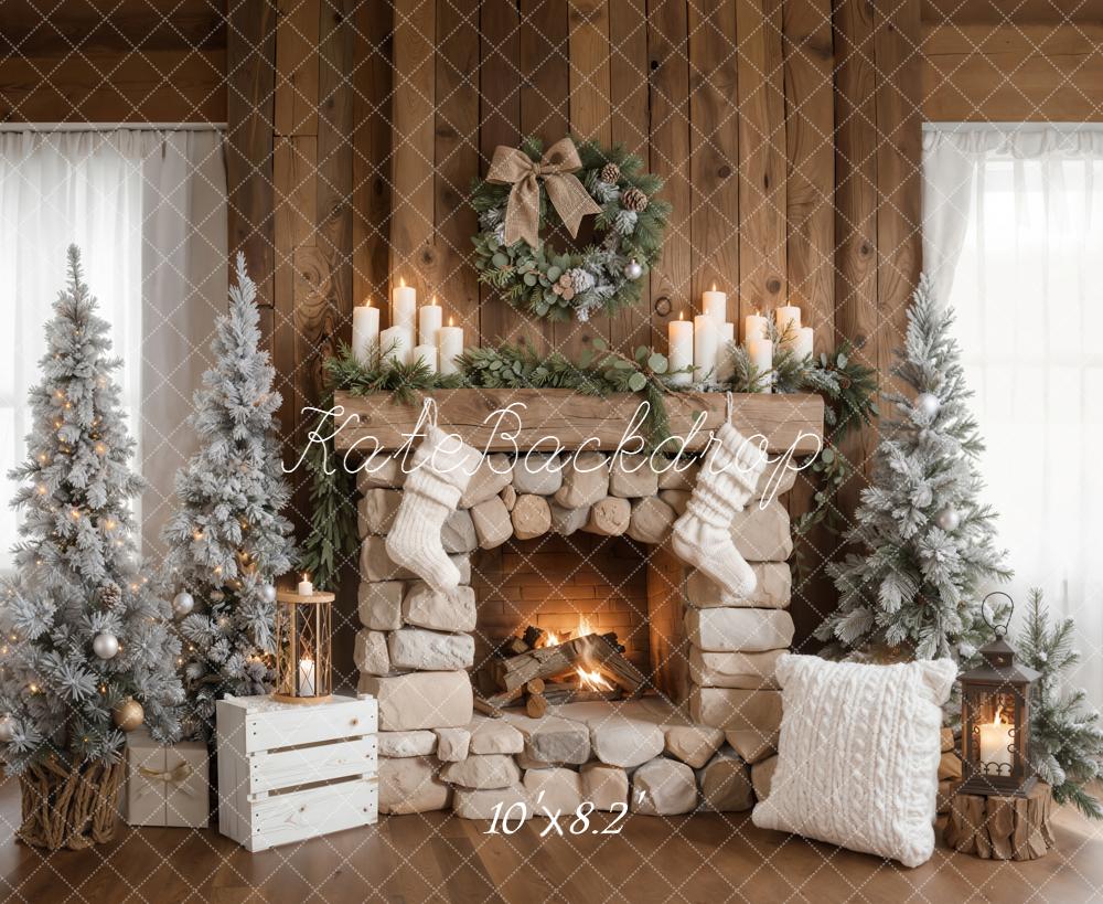 Kate Christmas Fireplace Wreath Stockings Trees Backdrop Designed by Emetselch