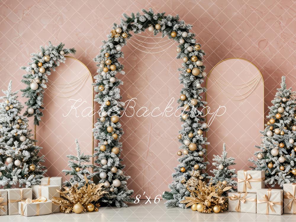 Kate Christmas Gold Arch Snowy Trees Backdrop Designed by Patty Roberts