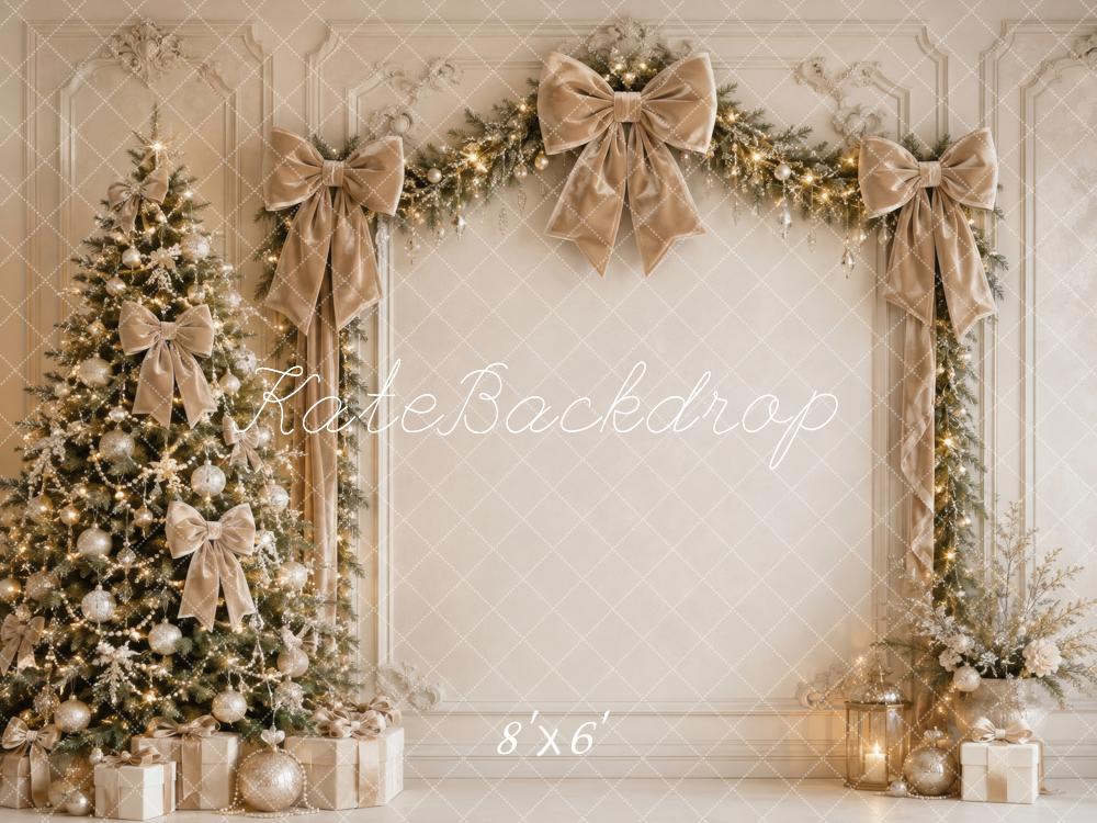 Kate Christmas Tree Champagne Beige Bow Garland Printed Backdrop Designed by Vertigo Productions