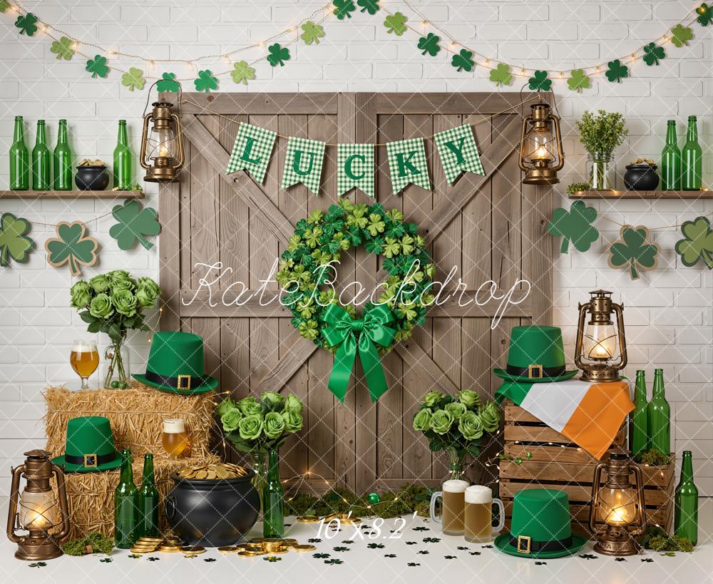 Kate St. Patrick's Day Shamrock Wreath Door Lanterns Green Hats Printed Backdrop Designed by Emetselch