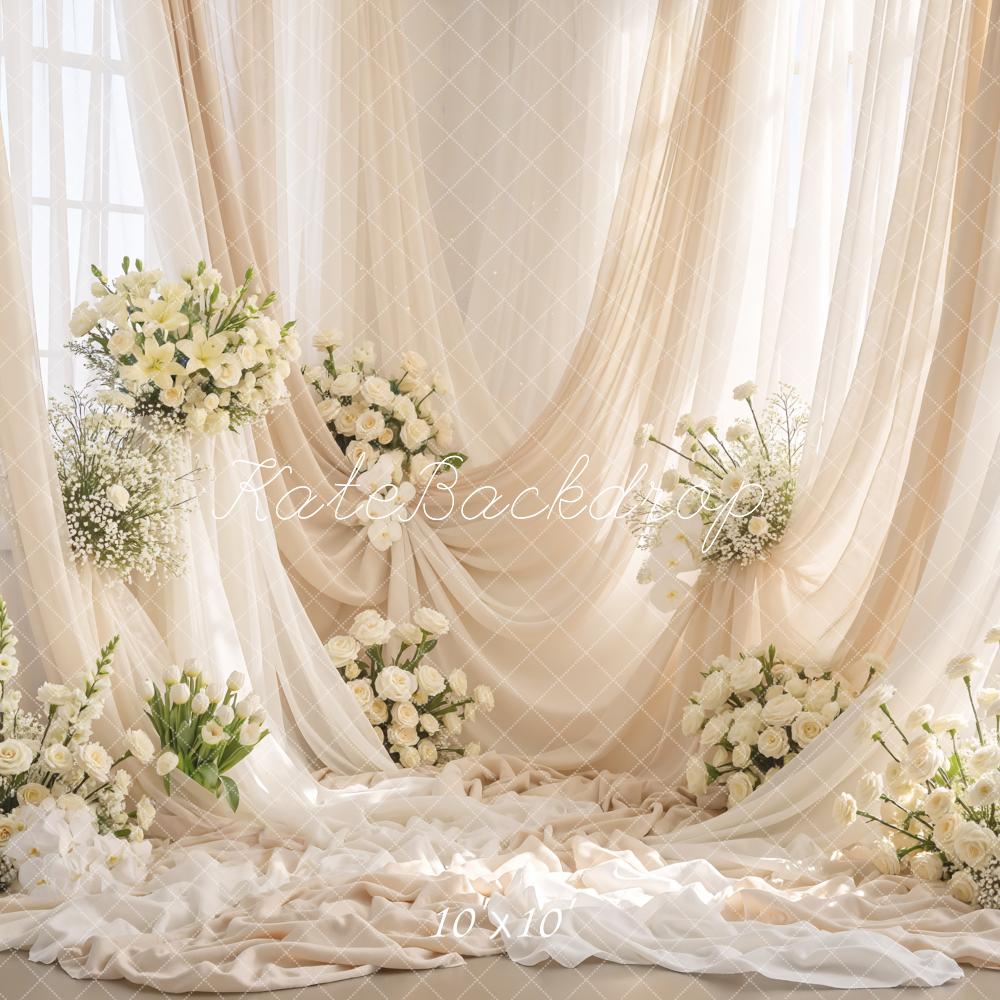 Kate Wedding Cream Drapes White Flowers Printed Backdrop Designed by Mini MakeBelieve