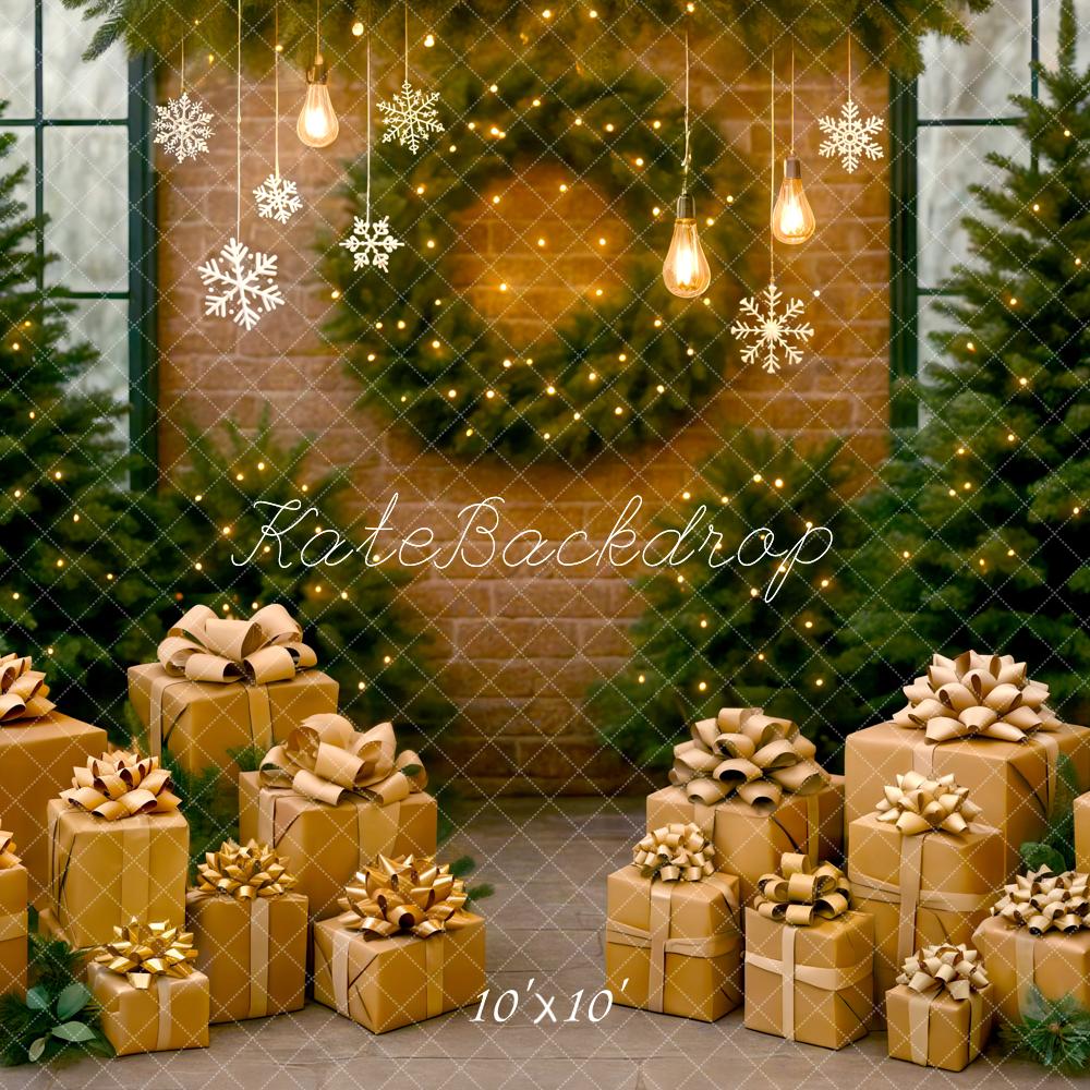 Kate Christmas Gift Boxes Pine Trees Brick Wall Backdrop Designed by Mini MakeBelieve
