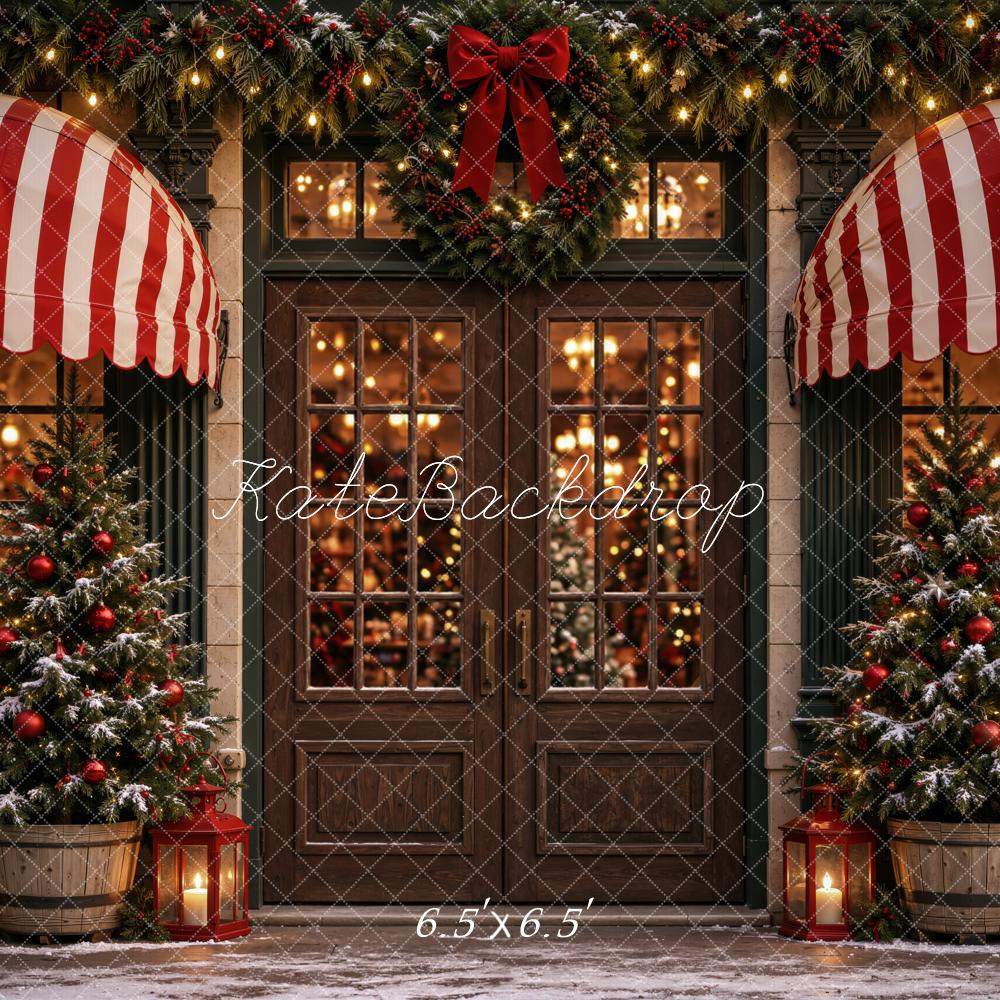 Kate Christmas Storefront Door With Striped Awnings Printed Backdrop Designed by Emetselch