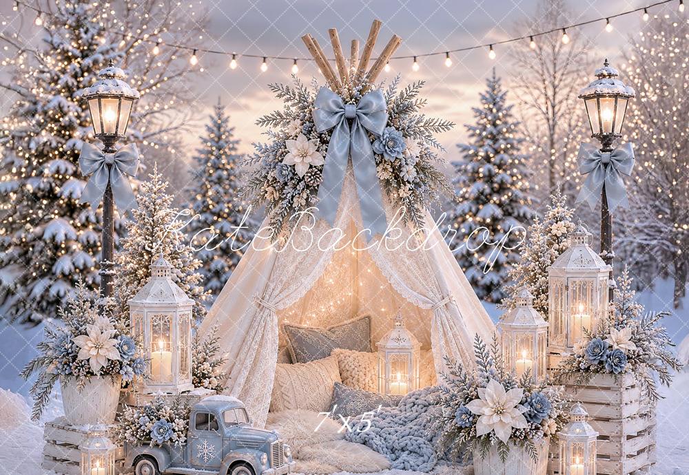 Kate Christmas Forest Lace Teepee Lamps Vintage Truck Bow Printed Backdrop Designed by Ashley Paul