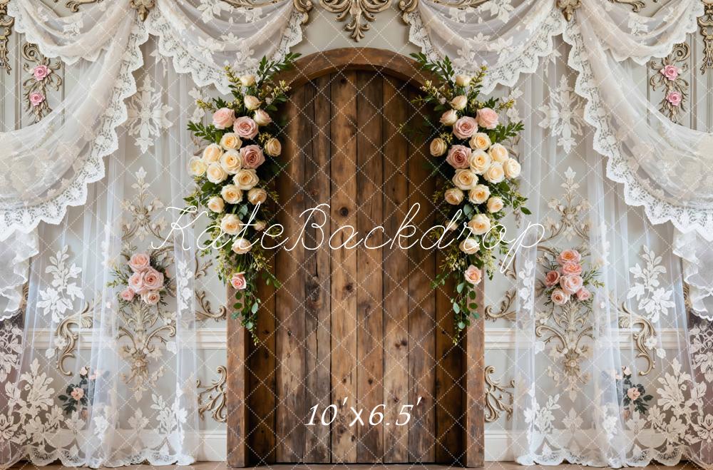 Kate Spring Flower Arch Wooden Door Lace Curtain Backdrop Designed by Mini MakeBelieve