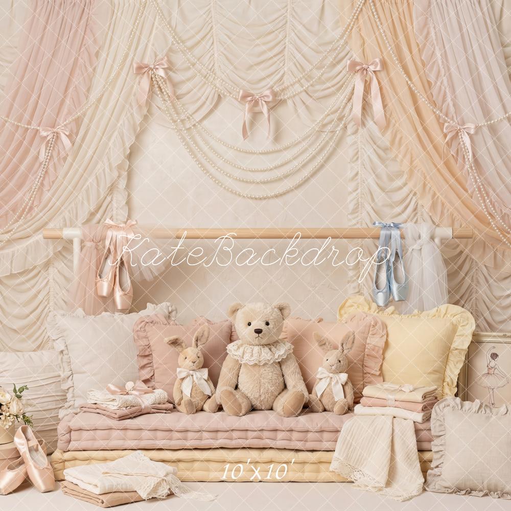 Kate Dreamy Ballet Pastel Drapes Teddy Bear Plush Pillows Printed Backdrop Designed by Patty Roberts