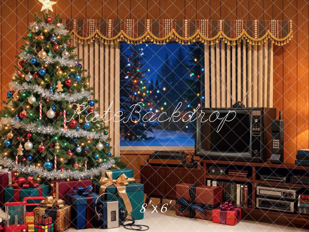 Kate Christmas 80s Retro Living Room TV Tree Gifts Printed Backdrop Designed by Mini MakeBelieve