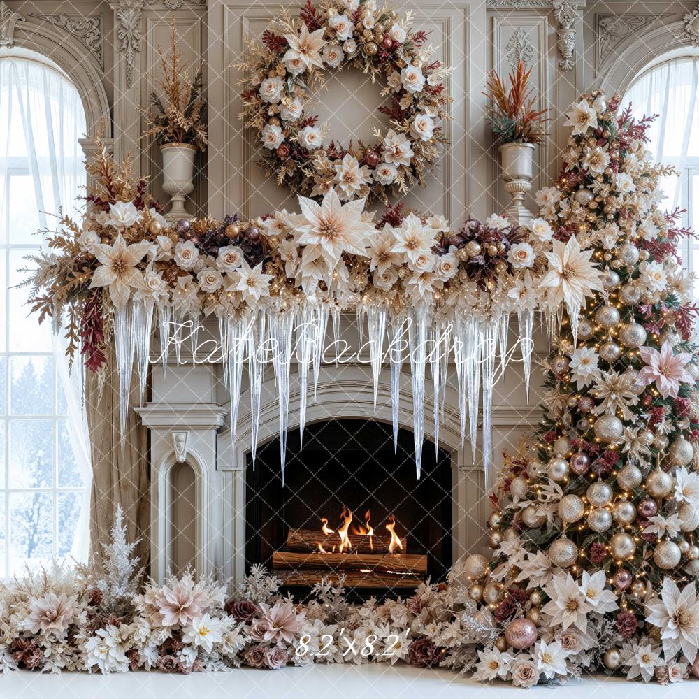 Kate Christmas Tree Poinsettia Frozen Fireplace Wreath Arch Printed Backdrop Designed by Mini MakeBelieve