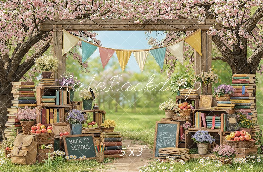 Kate Back to School Books Cherry Blossom Flowers Printed Backdrop Designed by Emetselch