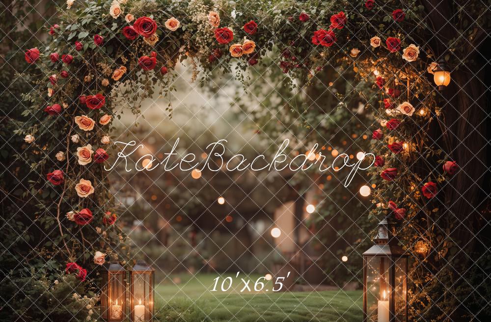 Fondo de jardín con arco de flores romántico de San Valentín diseñado por Emetselch