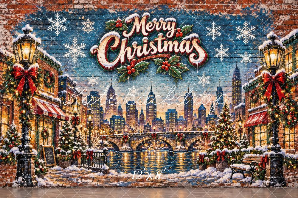 Kate Christmas Snowy Cityscape Bridge Graffiti Printed Backdrop Designed by Laura Bybee