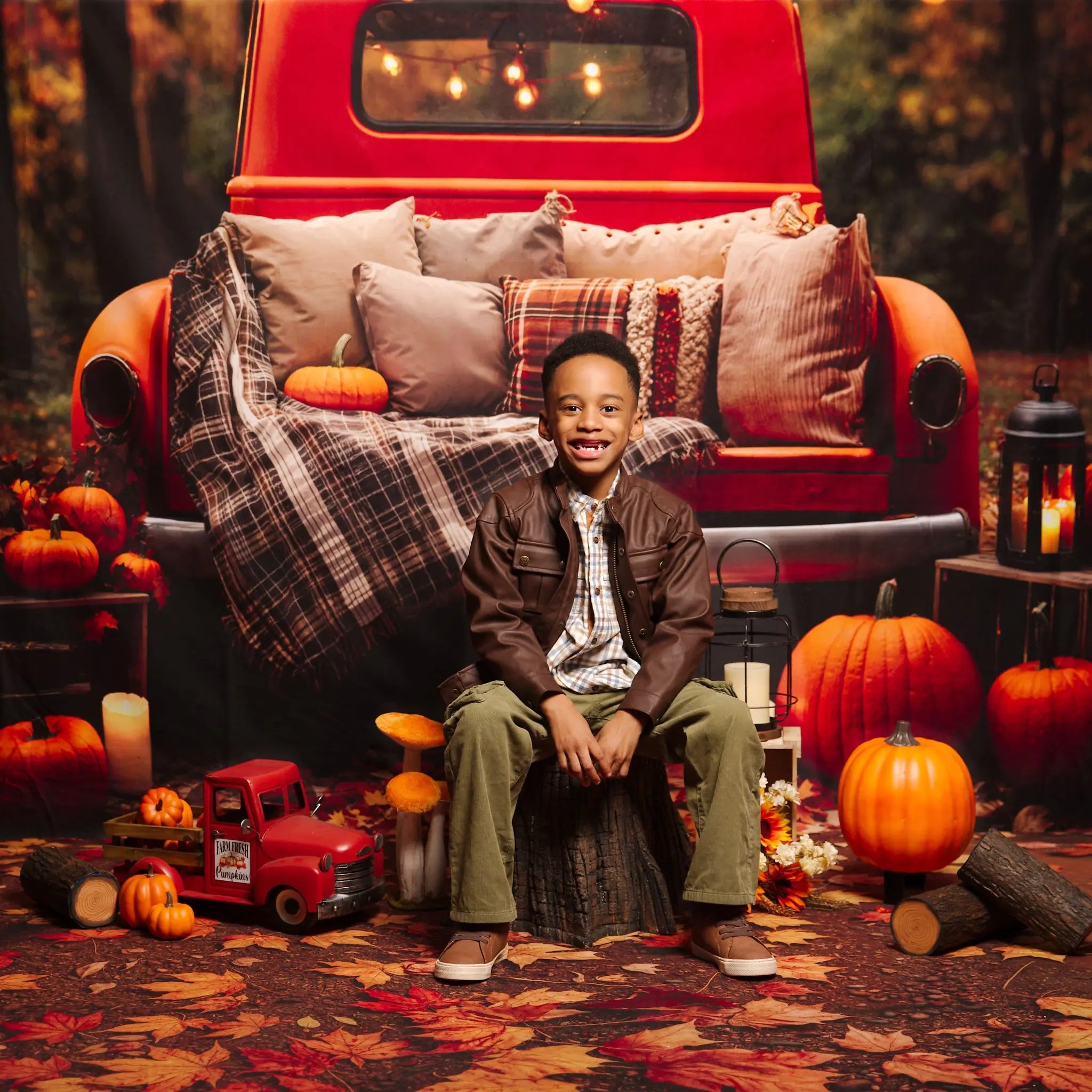 Kate Fall Truck Pumpkin Forest Lights Backdrop Designed by Emetselch