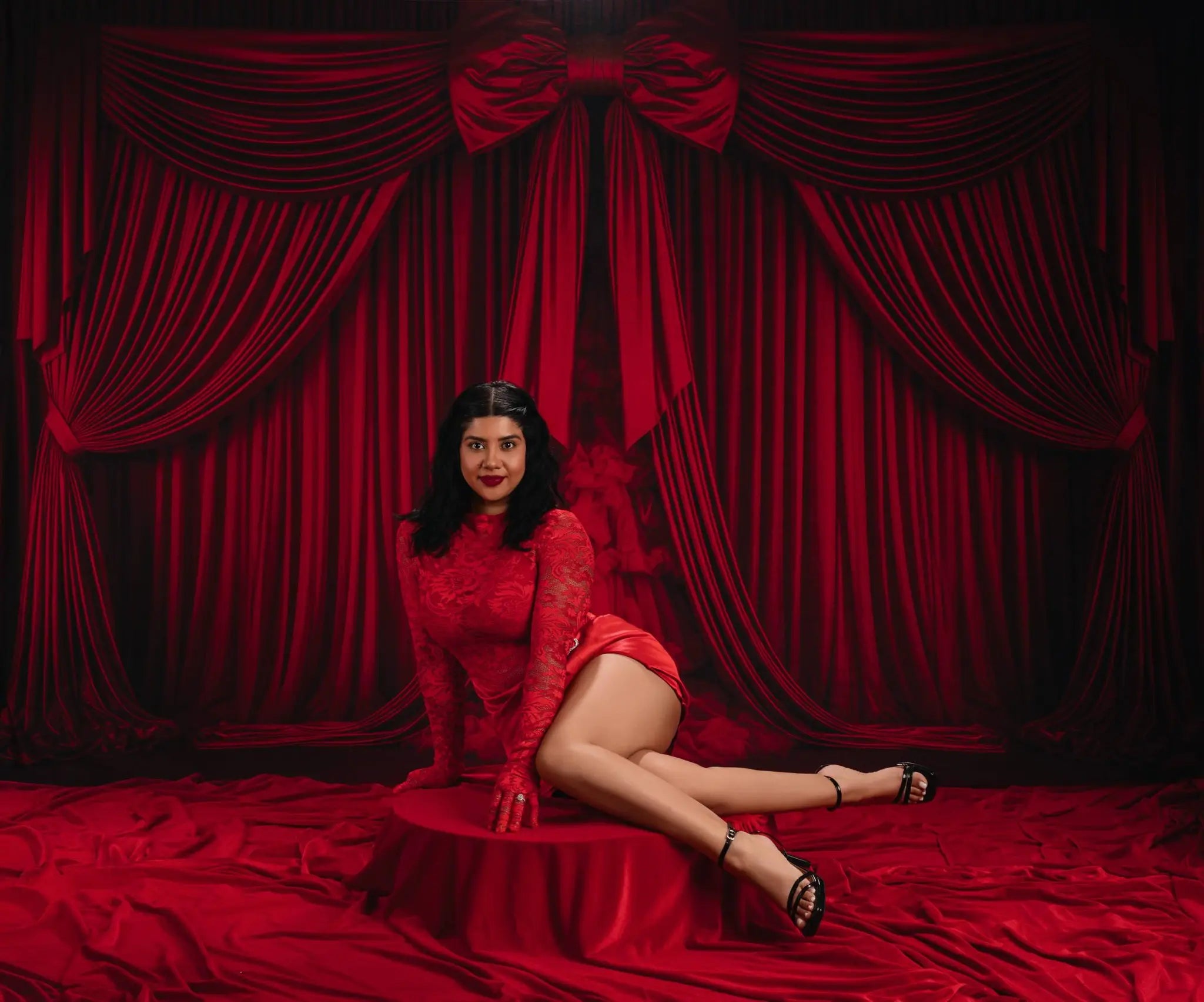 Kate Red Curtain Bow Stage Backdrop Designed by Patty Roberts