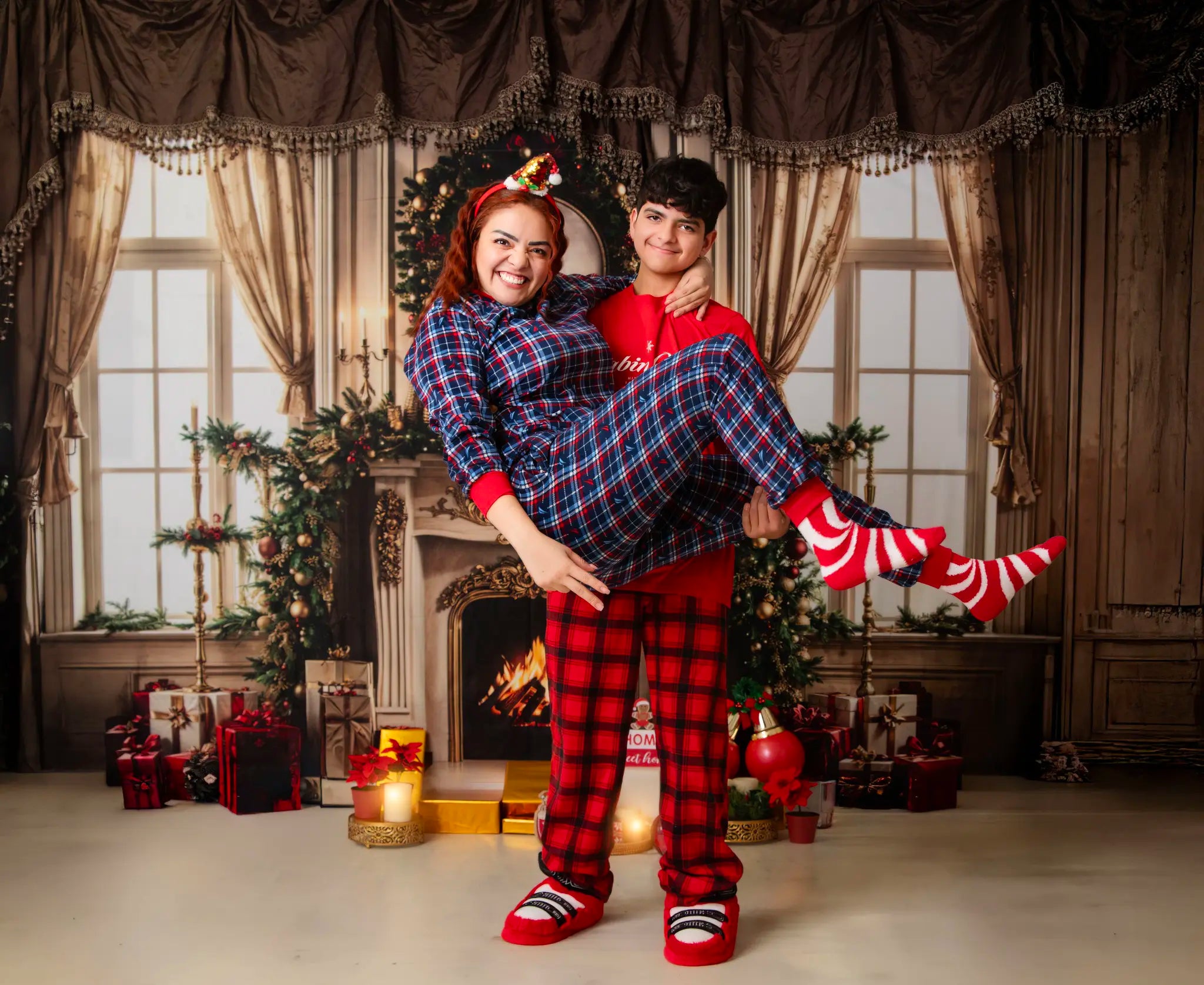 Kate Christmas Fireplace Retro Curtain Window Wreath Backdrop Designed by Emetselch