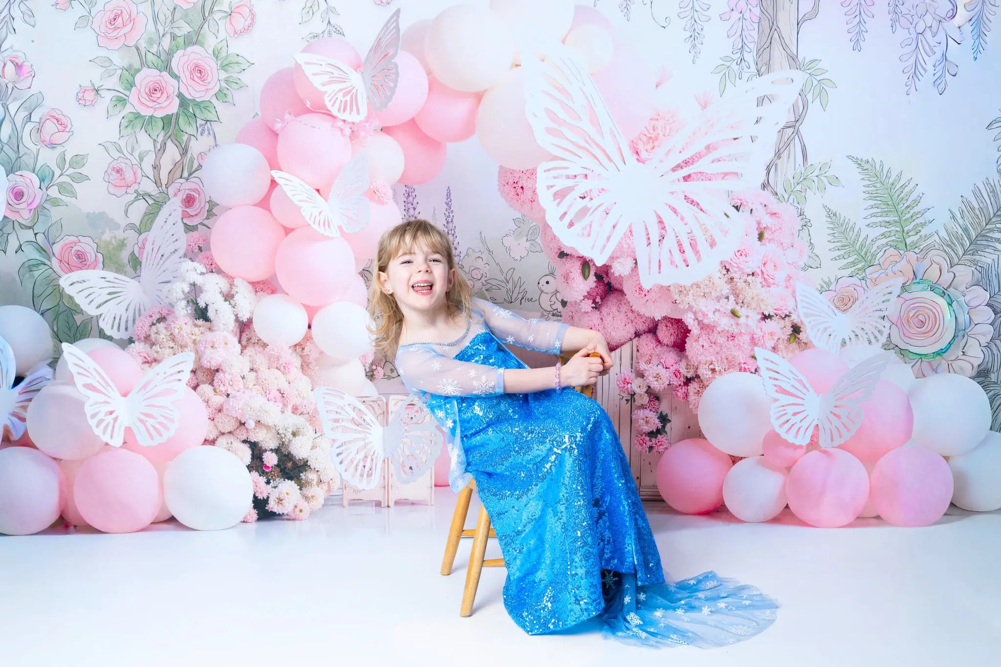 Kate Cake Smash Flower Arch Pink Balloons Roses Butterflies Printed Backdrop Designed by Emetselch