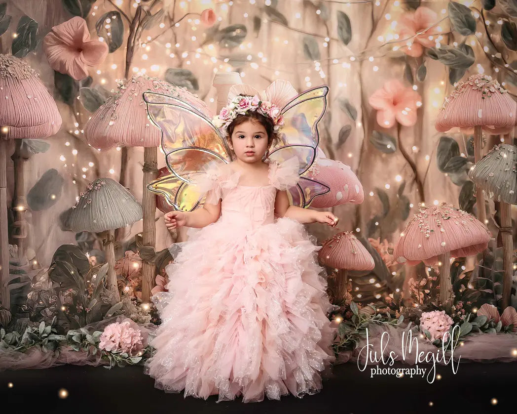 Kate Fairy Fantasy Pink Mushroom House Printed Backdrop Designed by Ashley Paul