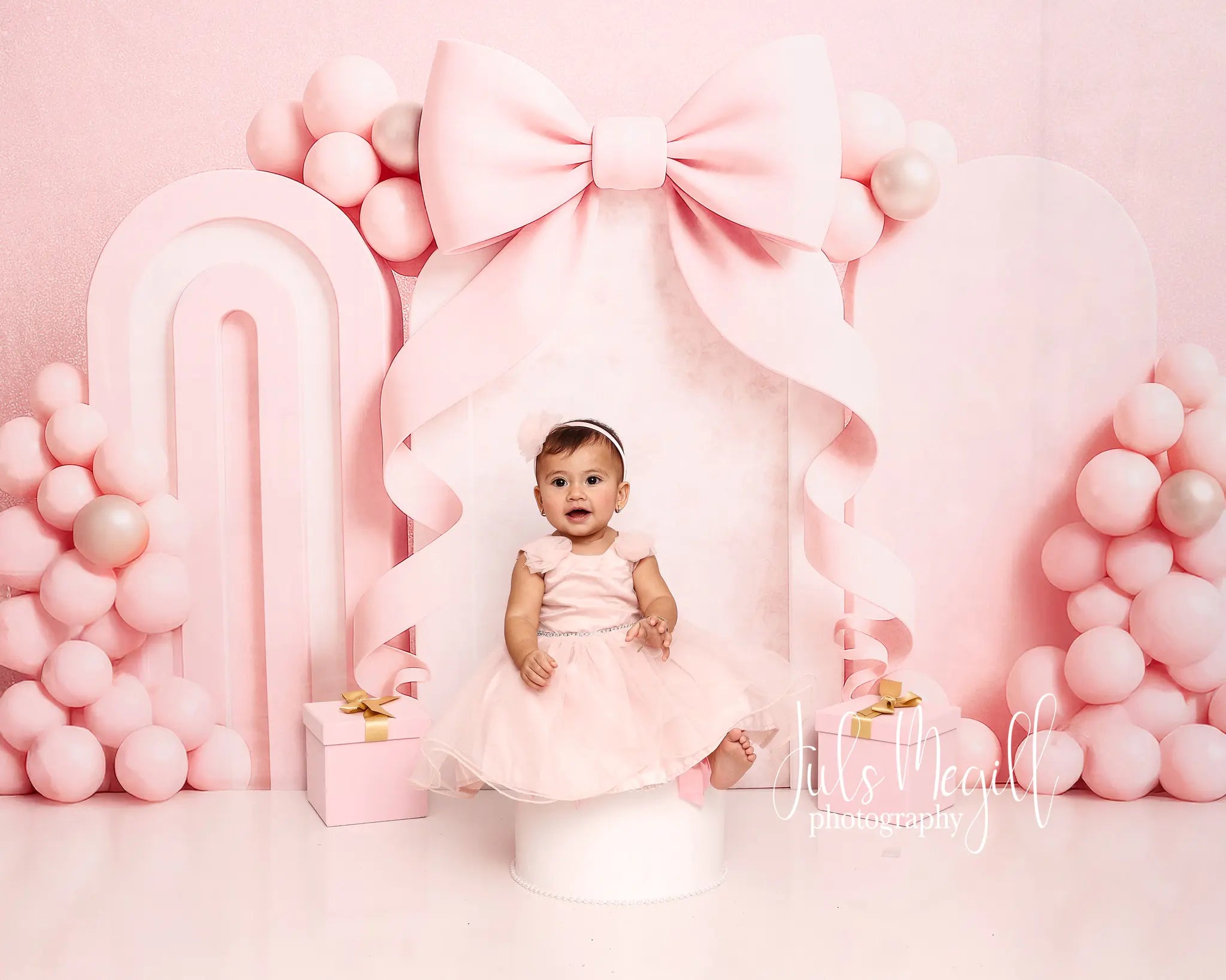 Cake Smash Bow Pink Balloon Arch Backdrop Designed by Ashley Paul