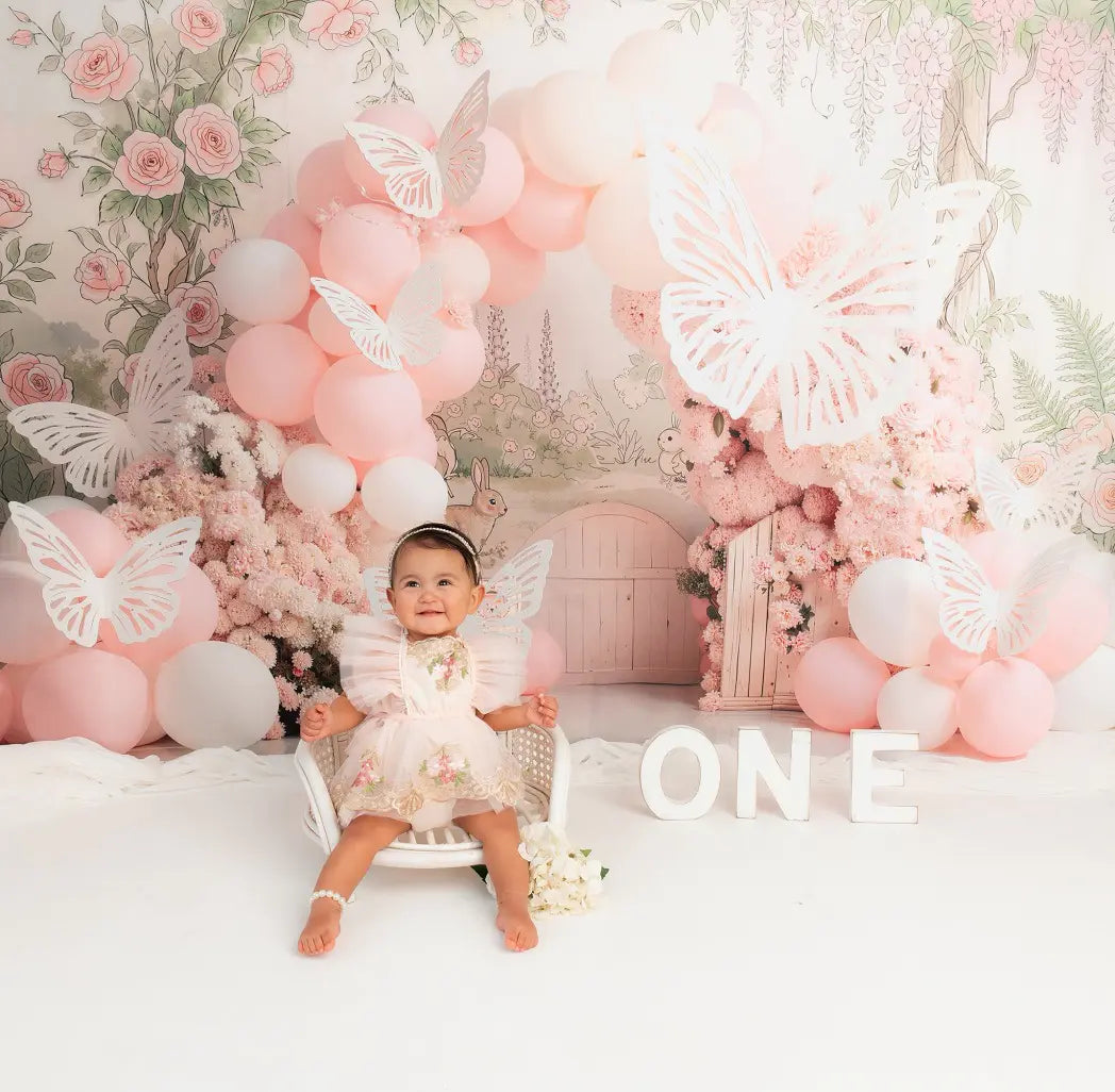 Kate Cake Smash Flower Arch Pink Balloons Roses Butterflies Printed Backdrop Designed by Emetselch