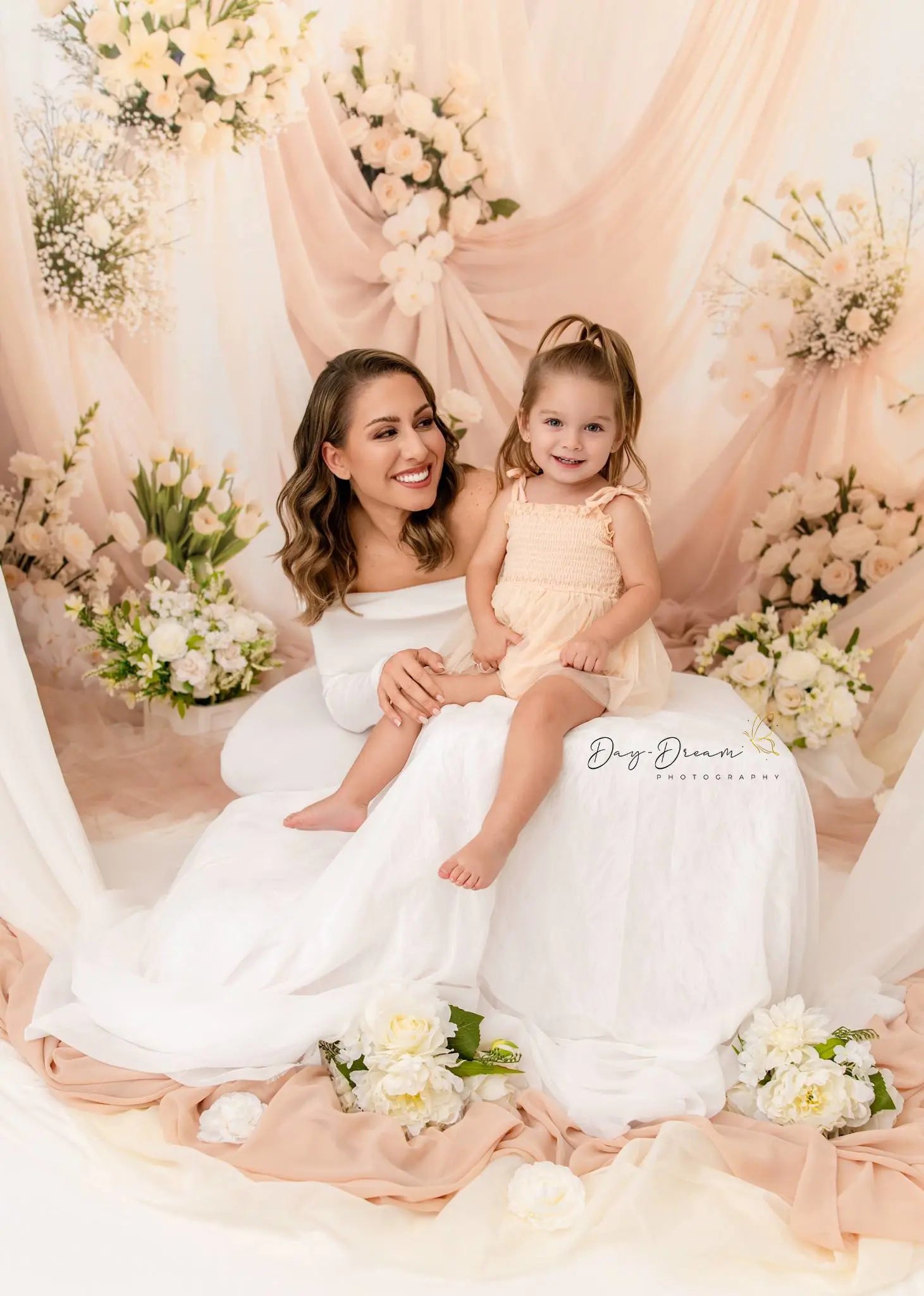 Kate Wedding Cream Drapes White Flowers Printed Backdrop Designed by Mini MakeBelieve