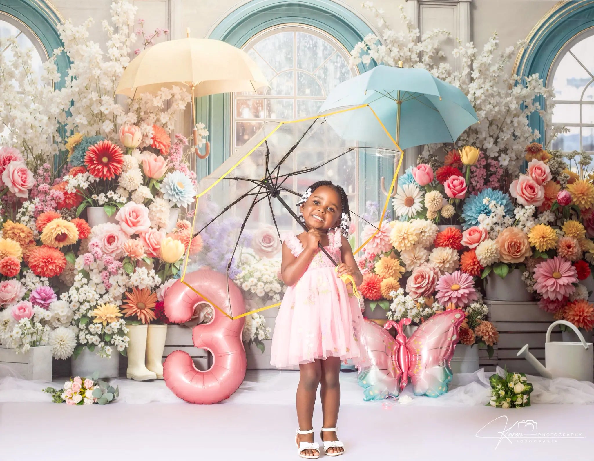 Kate Spring Flower Garden Umbrella Window Boots Printed Backdrop Designed by Mini MakeBelieve